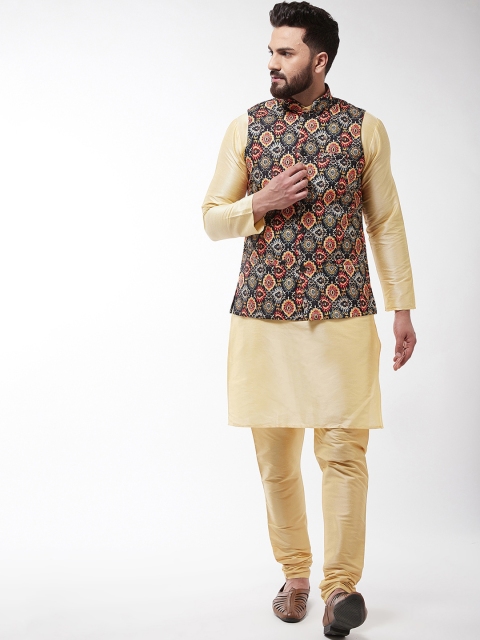 

SOJANYA Men Gold-Toned & Black Printed Kurta with Churidar With Nehru Jacket
