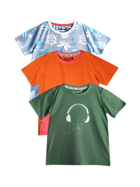 

mezmoda Boys Pack of 3 Printed Round Neck T-shirts, Green