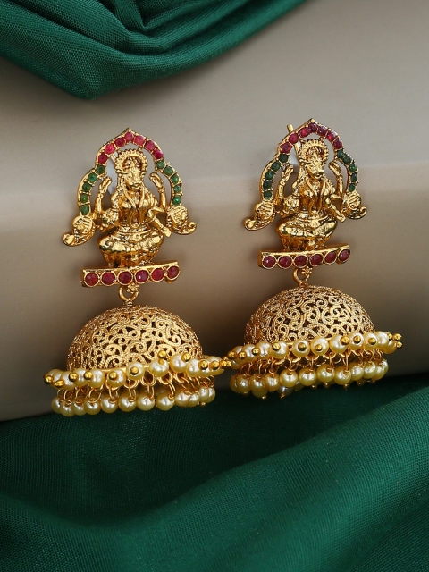 

Voylla Gold-Plated & Red Temple Goddess Lakshmi Dome Shaped Jhumkas