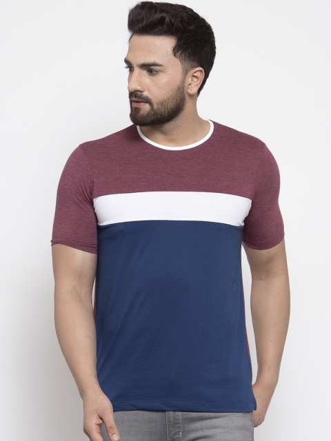 

Kalt Men Maroon & Blue Colourblocked Round Neck T-shirt