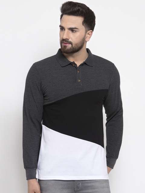 

Kalt Men Charcoal Grey & White Colourblocked Polo Collar T-shirt