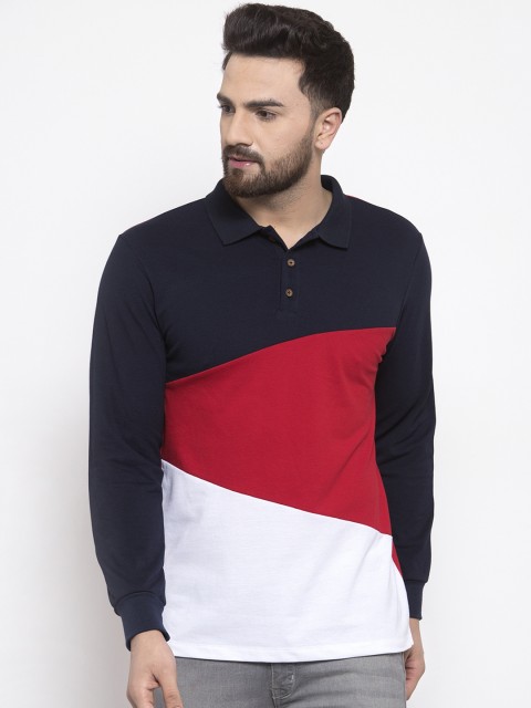 

Kalt Men Red & Navy Blue Colourblocked Polo Collar T-shirt