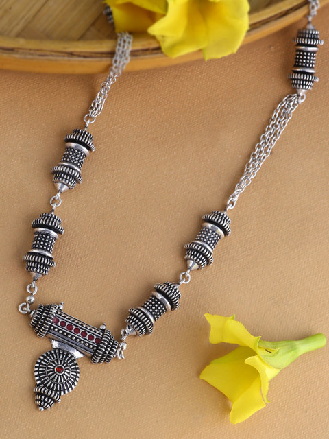 

Voylla Oxidised Silver-Plated & Red Stone Studded Statement Necklace
