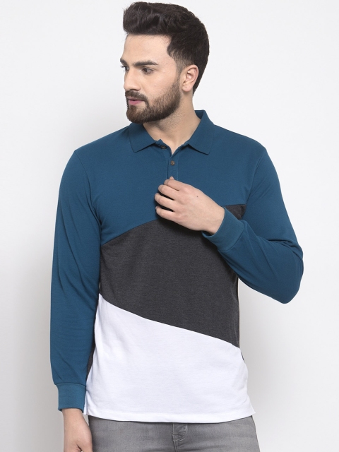 

Kalt Men Blue & White Colourblocked Polo Collar T-shirt