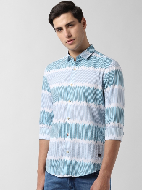 

Peter England Casuals Men Turquoise Blue & White Slim Fit Striped Casual Shirt