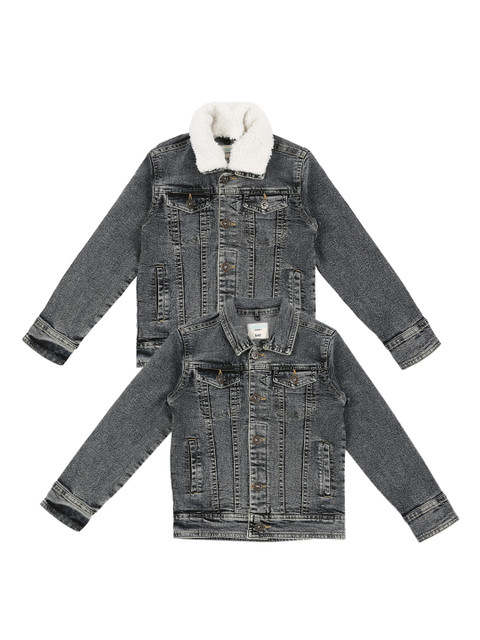 

Pantaloons Junior Boys Grey Solid Denim Jacket with Detachable Fur Collar