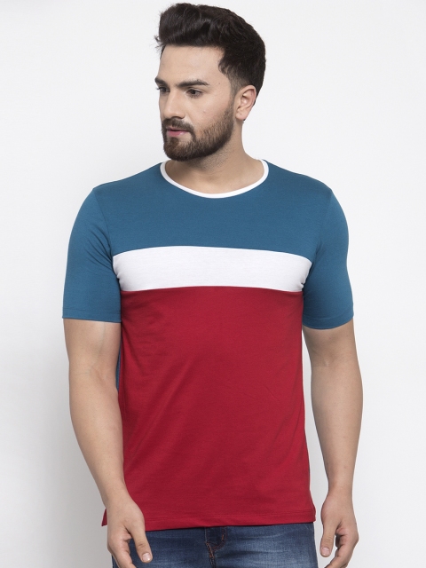 

Kalt Men Teal Blue & Maroon Colourblocked Round Neck T-shirt