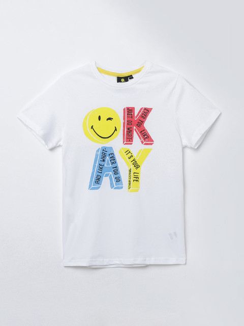 

Smiley World Boys White Printed Round Neck T-shirt