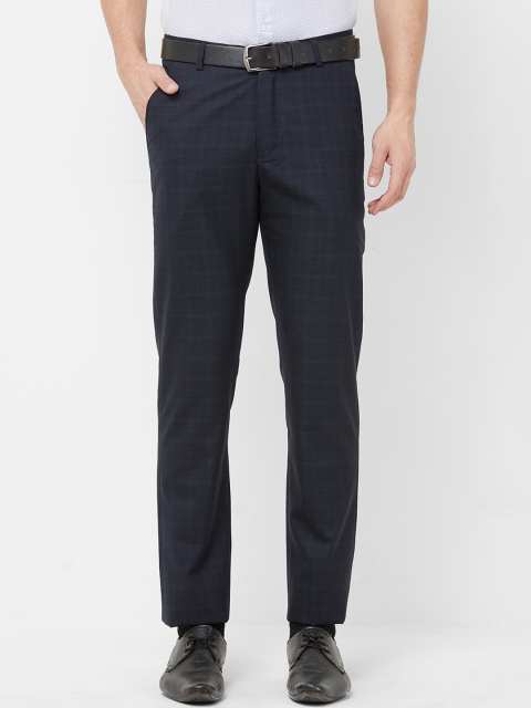 

Solemio Men Navy Blue Regular Fit Checked Formal Trousers