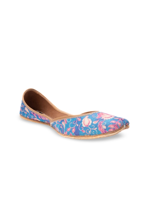 

Jivaana Women Blue Printed Leather Mojaris