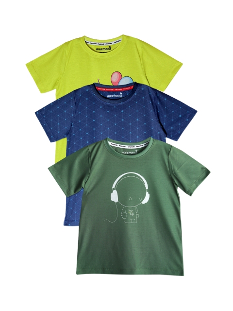 

mezmoda Boys Pack of 3 Printed Round Neck T-shirts, Green