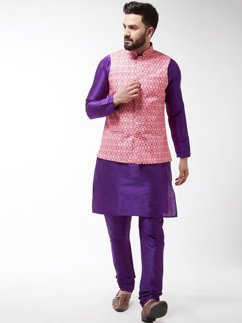 

SOJANYA Men Purple & Peach-Coloured Printed Kurta with Churidar
