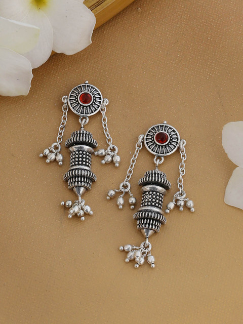 

Voylla Silver-Plated & Red Oxidised Classic Drop Earrings