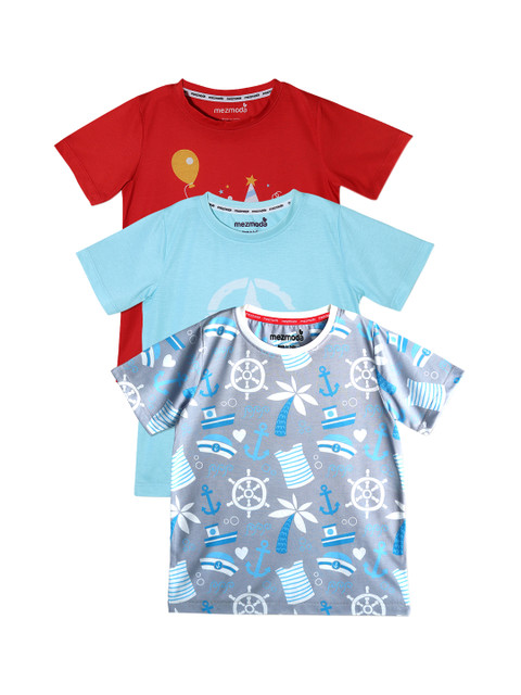 

mezmoda Boys Pack of 3 Printed Round Neck T-shirts, Turquoise blue