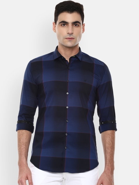 

V Dot Men Navy Blue & Black Slim Fit Checked Casual Shirt
