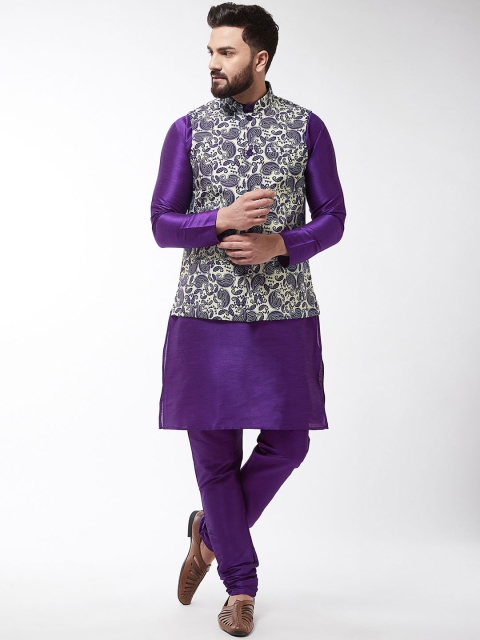 

SOJANYA Men Purple & Cream-Coloured Printed Kurta with Churidar & Nehru Jacket