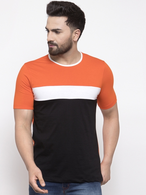 

Kalt Men Orange & Black Colourblocked Round Neck T-shirt