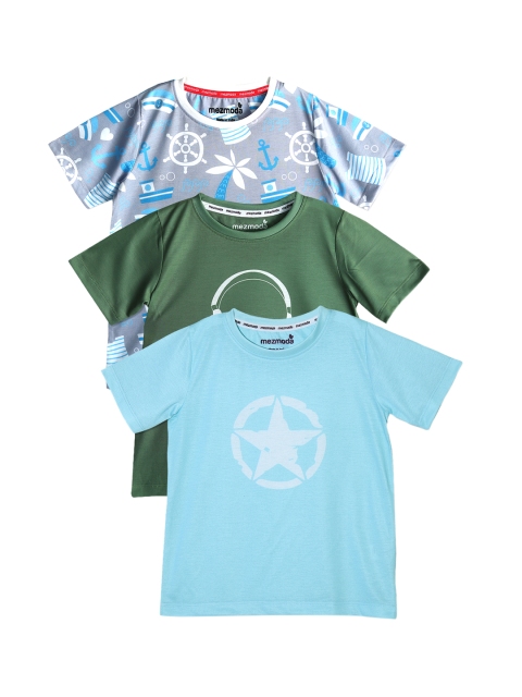 

mezmoda Boys Pack of 3 Printed Round Neck T-shirts, Blue