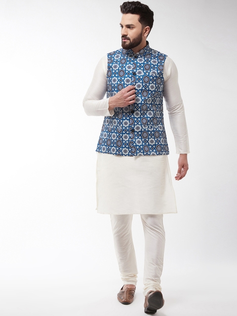 SOJANYA Men Off-White & Blue Printed Kurta with Churidar & Nehru Jacket