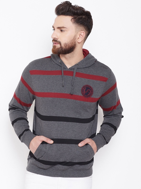 Austin wood Men Charcoal Striped Hooded Sweatshirt
