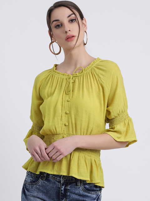 

Zink London Women Lime Green Solid Cinched Waist Top