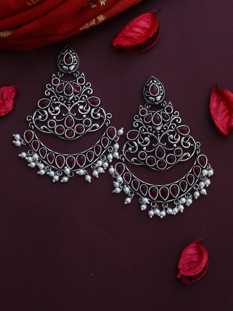 

Voylla Silver-Plated & Red Classic Filigree Design Drop Earrings