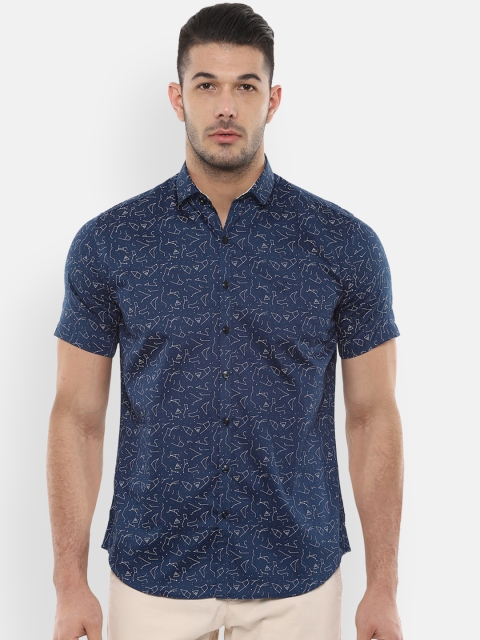 

V Dot Men Navy Blue Slim Fit Printed Casual Shirt