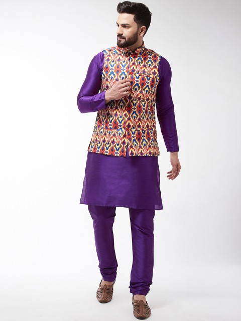 

SOJANYA Men Purple & Orange Printed Kurta with Churidar & Nehru Jacket