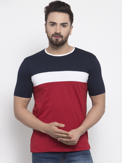 

Kalt Men Navy Blue & Maroon Colourblocked Round Neck T-shirt