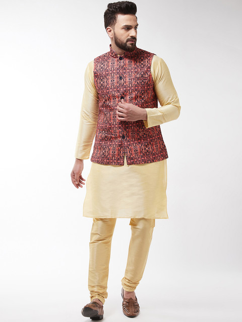 

SOJANYA Men Gold-Toned & Red Printed Kurta with Churidar & Nehru Jacket