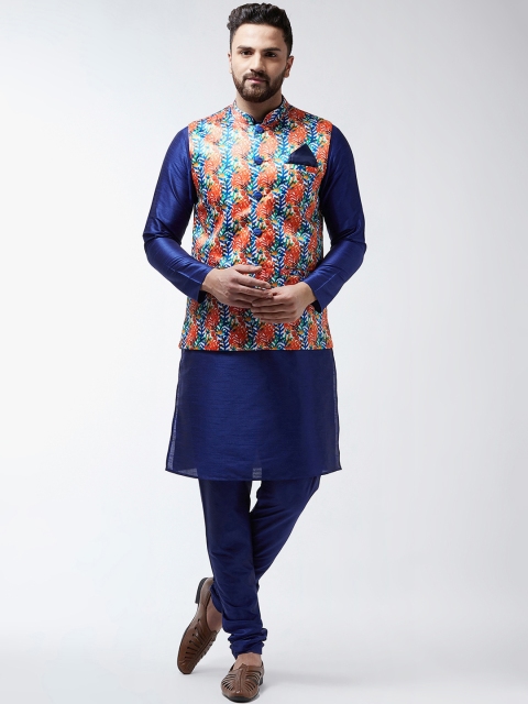 

I Know Men Blue & Orange Solid Kurta Set With Nehru jacket