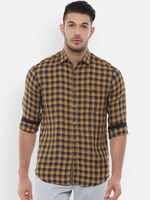 

Van Heusen Sport Men Yellow & Navy Blue Slim Fit Checked Casual Linen Shirt