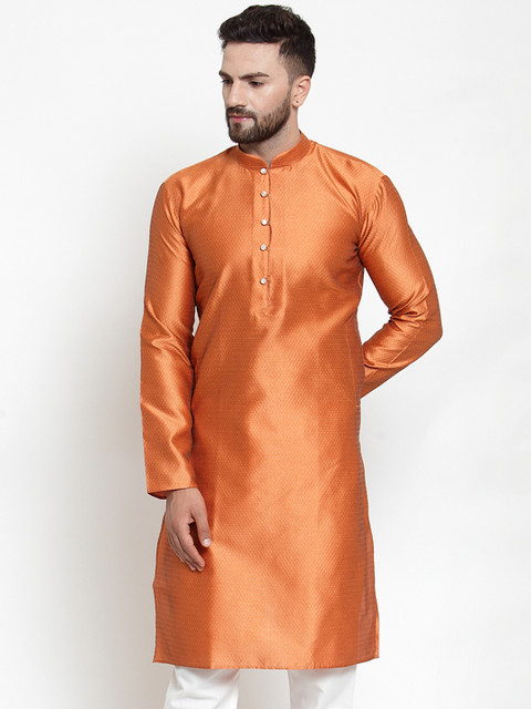 

Jompers Men Orange Woven Design Straight Kurta