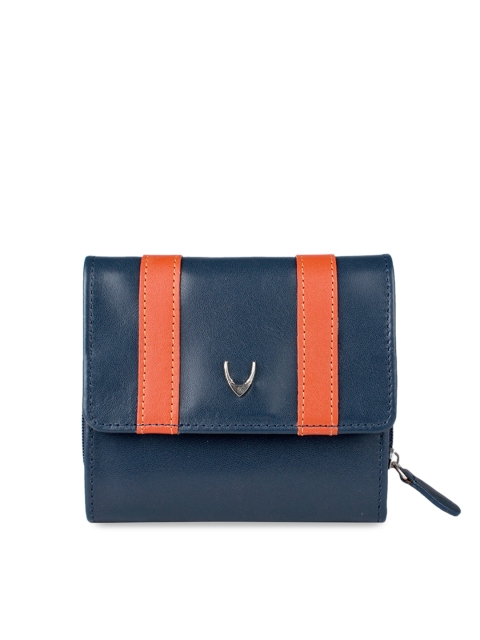 

Hidesign Women Navy Blue & Orange Striped Leather Three Fold Wallet