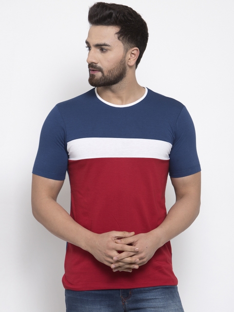

Kalt Men Red & Navy Blue Colourblocked Round Neck T-shirt