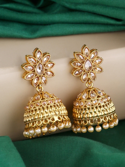 

Voylla Gold-Plated & Beige Dome Shaped Jhumkas