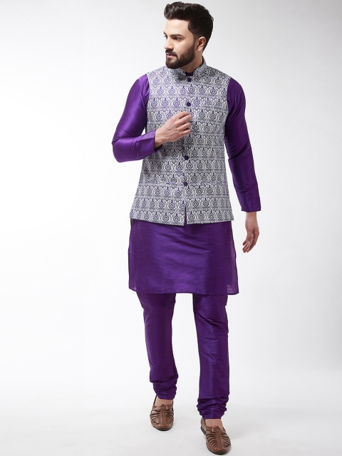 

SOJANYA Men Purple & Blue Printed Kurta with Churidar & Nehru Jacket