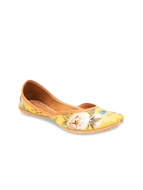 

Jivaana Women Yellow Printed Leather Mojaris