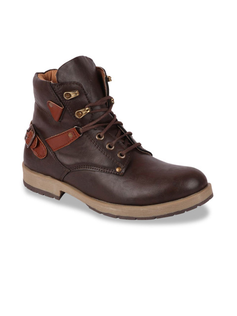

FAUSTO Men Brown Solid Leather Mid-Top Leather Lightweight Flat Boots