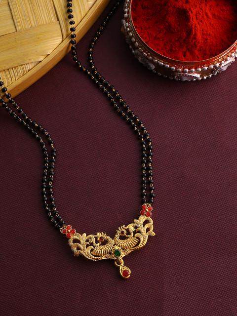 

Voylla Gold-Plated & Black CZ Stone-Studded & Beaded Mangalsutra