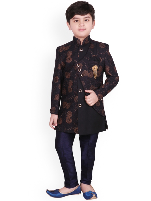 

SG YUVRAJ Boys Black & Navy Blue Printed Silk Sherwani Set