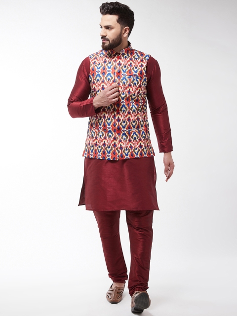 

SOJANYA Men Maroon & Blue Printed Kurta with Churidar & Nehru Jacket