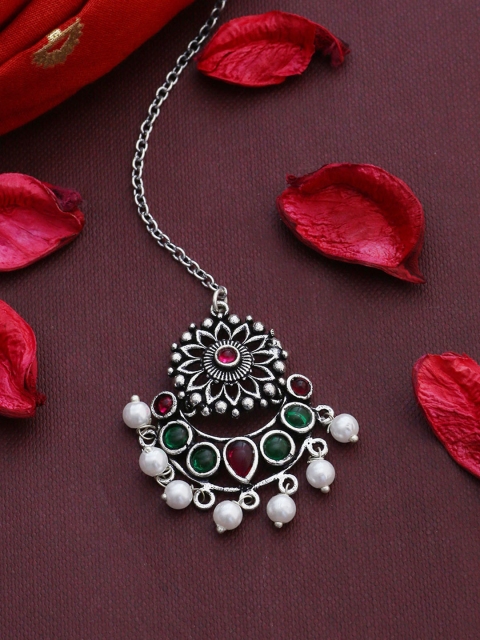 

Voylla Silver-Plated Pink & Green Stone Studded Oxidised Handcrafted Maang Tikka