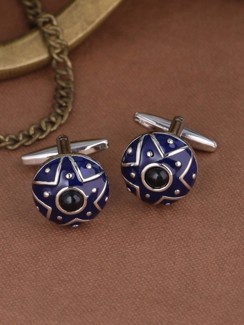

Tistabene Rhodium Plated Blue & Silver-Toned Round Cufflinks