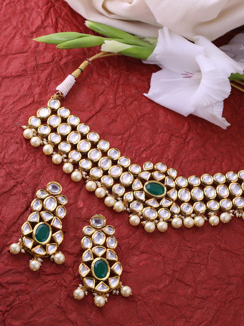 

Tistabene Gold-Plated Green & White Kundan Studded Designer Jewellery Set
