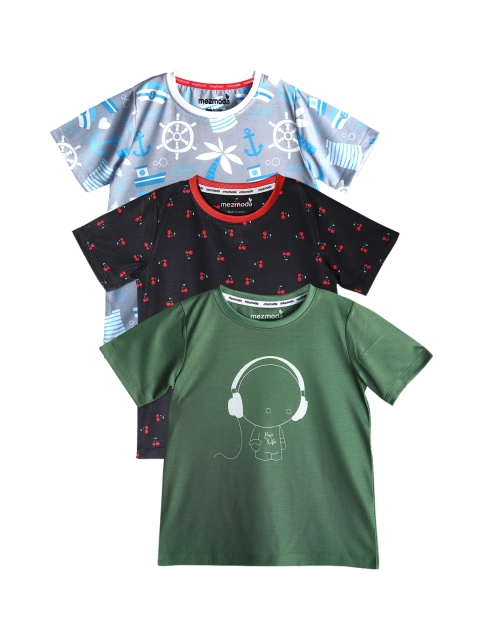

mezmoda Boys Pack of 3 Printed Round Neck T-shirts, Green