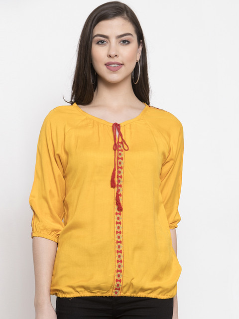 

VOXATI Women Yellow Embroidered Blouson Top