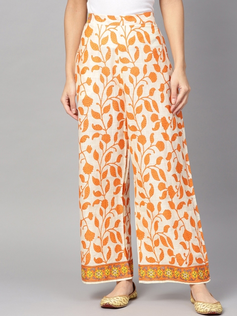 

Yuris Women Cream-Coloured & Orange Printed Straight Palazzos