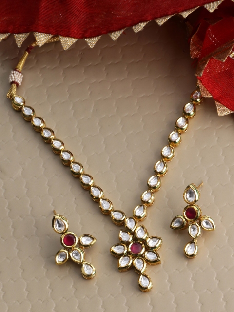 

Tistabene Women Gold-Plated Kundan & Red Stone-Studded Jewellery Set