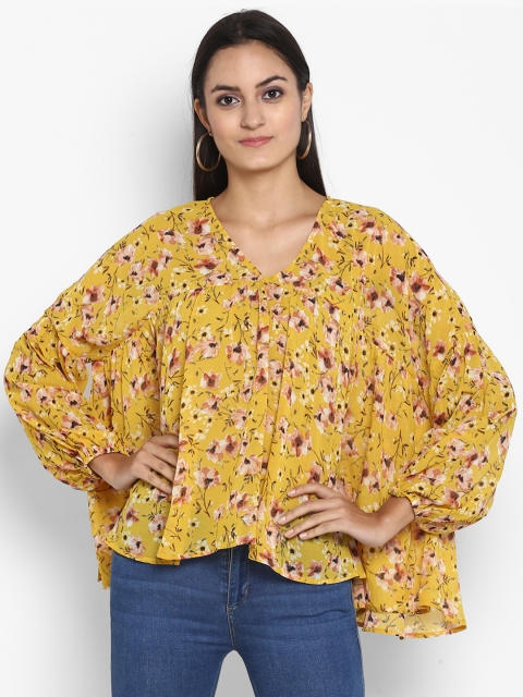 

MIAMINX Women Yellow Printed A-Line Top